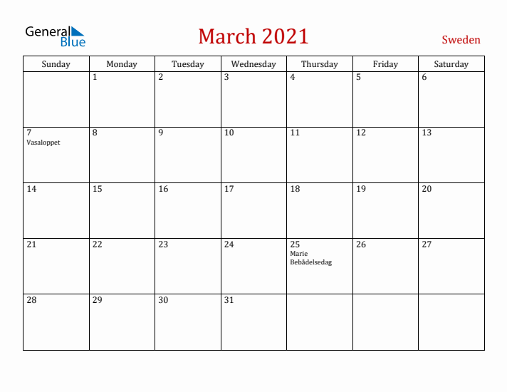 Sweden March 2021 Calendar - Sunday Start