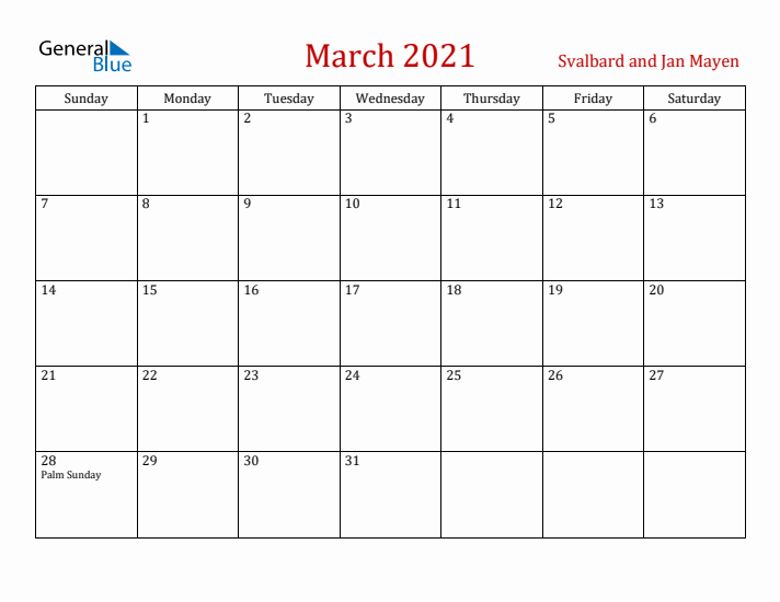 Svalbard and Jan Mayen March 2021 Calendar - Sunday Start