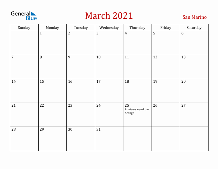 San Marino March 2021 Calendar - Sunday Start