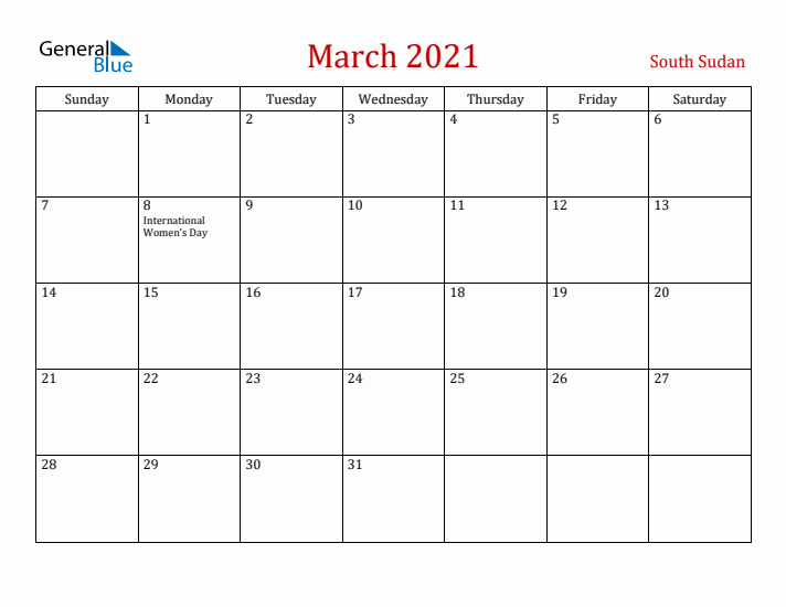 South Sudan March 2021 Calendar - Sunday Start