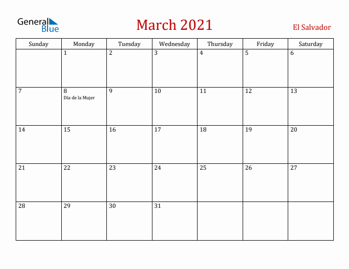 El Salvador March 2021 Calendar - Sunday Start