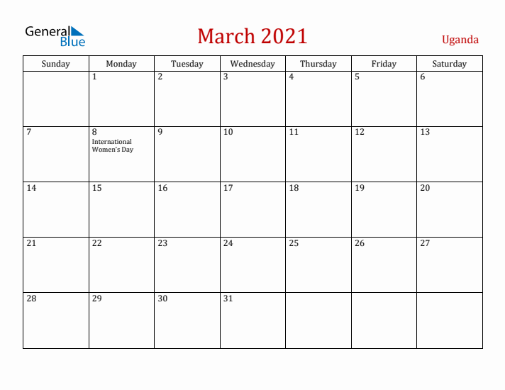 Uganda March 2021 Calendar - Sunday Start