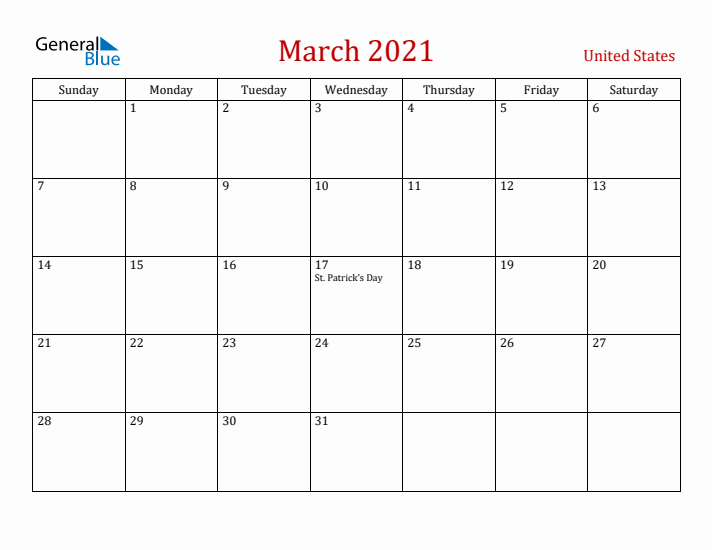 United States March 2021 Calendar - Sunday Start