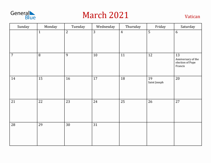Vatican March 2021 Calendar - Sunday Start