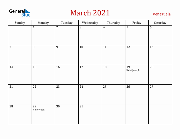 Venezuela March 2021 Calendar - Sunday Start