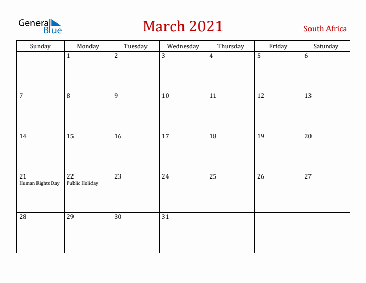 South Africa March 2021 Calendar - Sunday Start