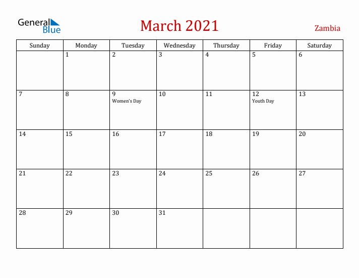 Zambia March 2021 Calendar - Sunday Start