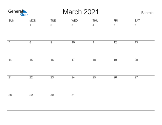 March 2021 Calendar - Bahrain