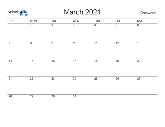 March 2021 Calendar - Botswana