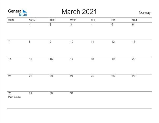 Printable March 2021 Calendar for Norway