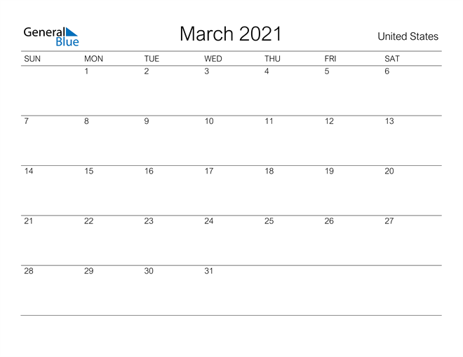 United States March 2021 Calendar With Holidays