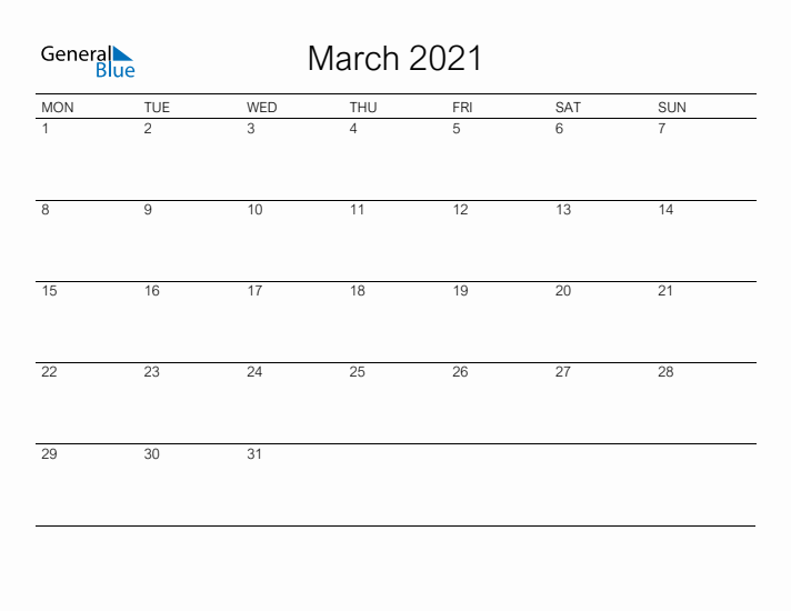 Printable March 2021 Calendar - Monday Start