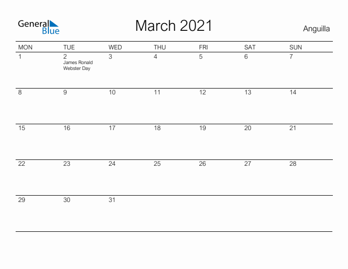 Printable March 2021 Calendar for Anguilla