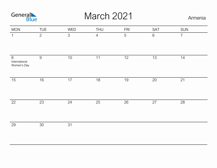 Printable March 2021 Calendar for Armenia