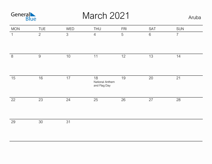 Printable March 2021 Calendar for Aruba