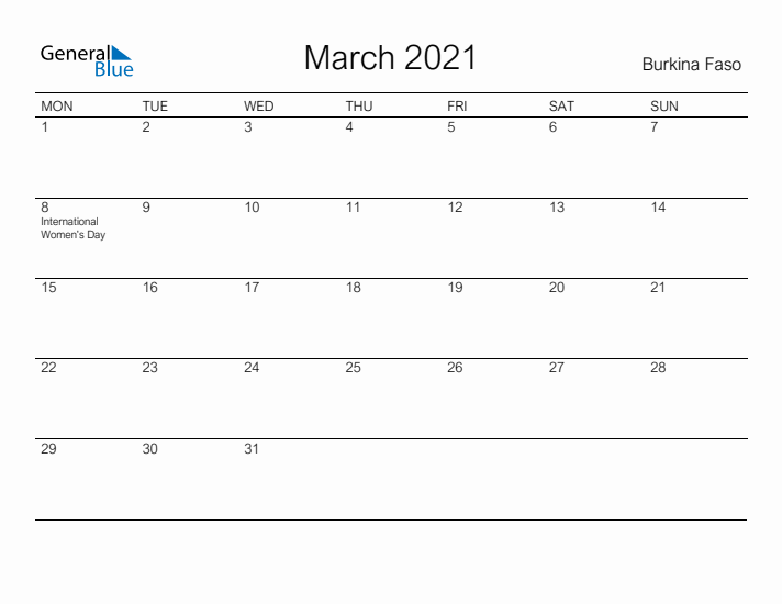 Printable March 2021 Calendar for Burkina Faso