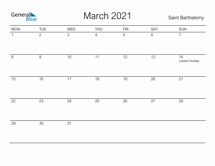 Printable March 2021 Calendar for Saint Barthelemy