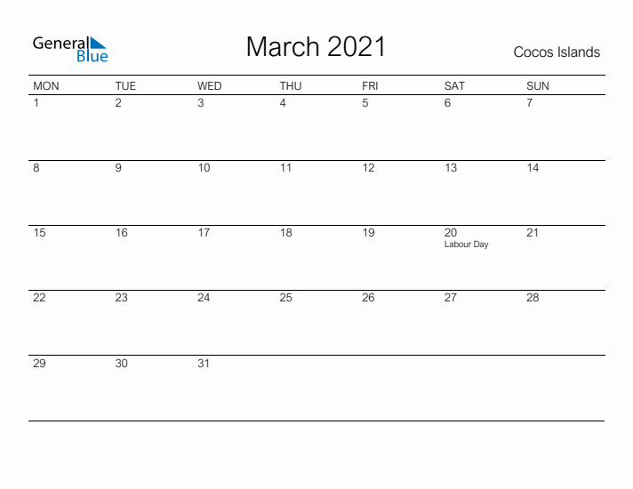 Printable March 2021 Calendar for Cocos Islands