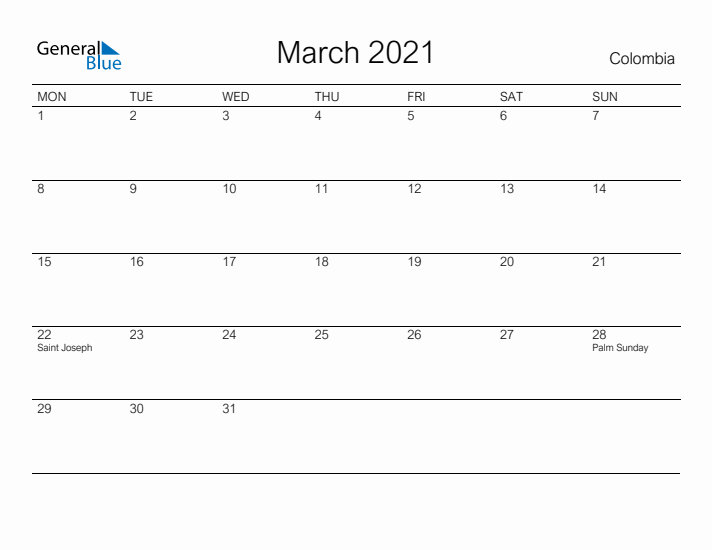 Printable March 2021 Calendar for Colombia