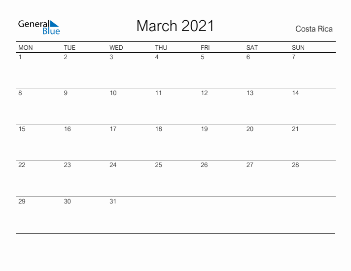 Printable March 2021 Calendar for Costa Rica