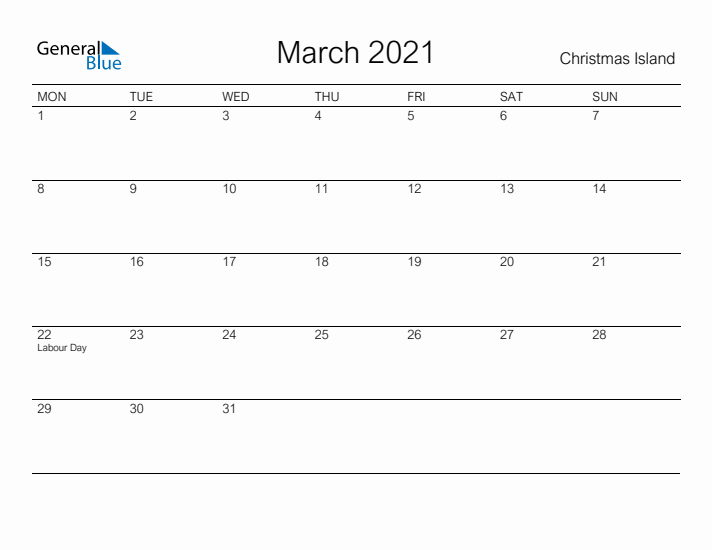 Printable March 2021 Calendar for Christmas Island