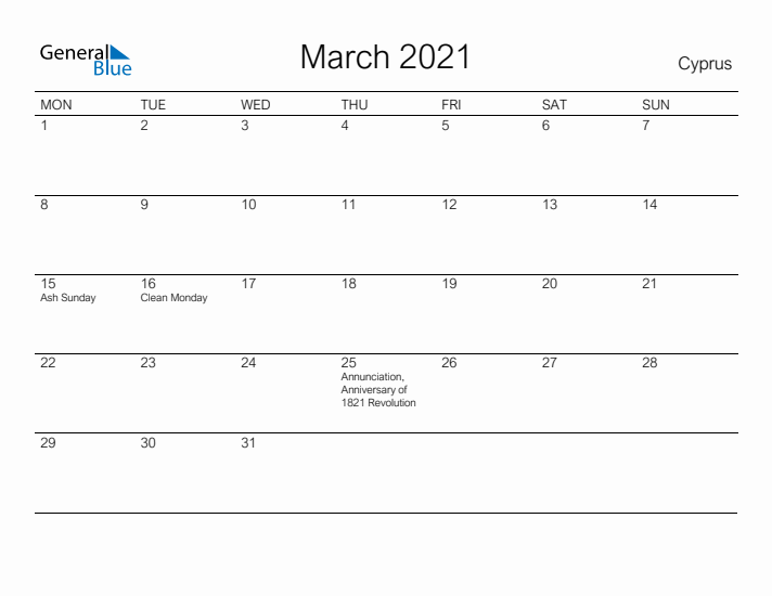 Printable March 2021 Calendar for Cyprus