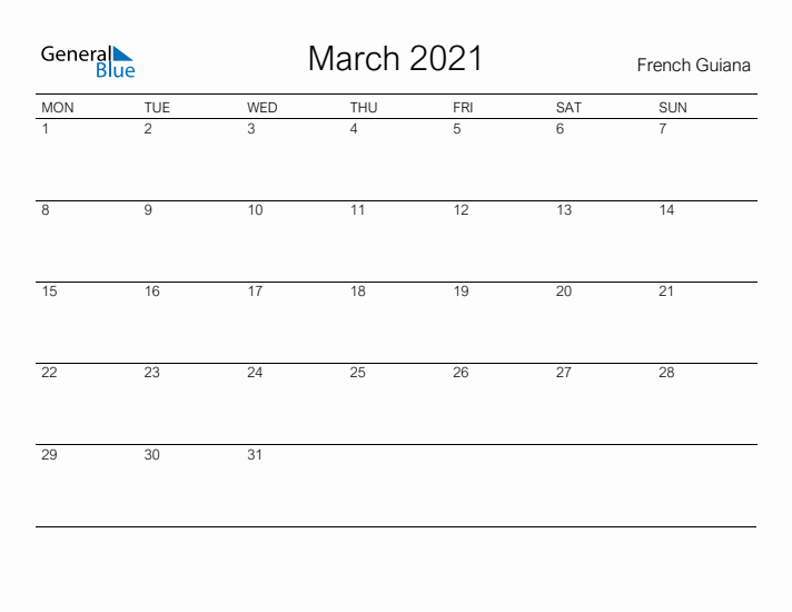 Printable March 2021 Calendar for French Guiana