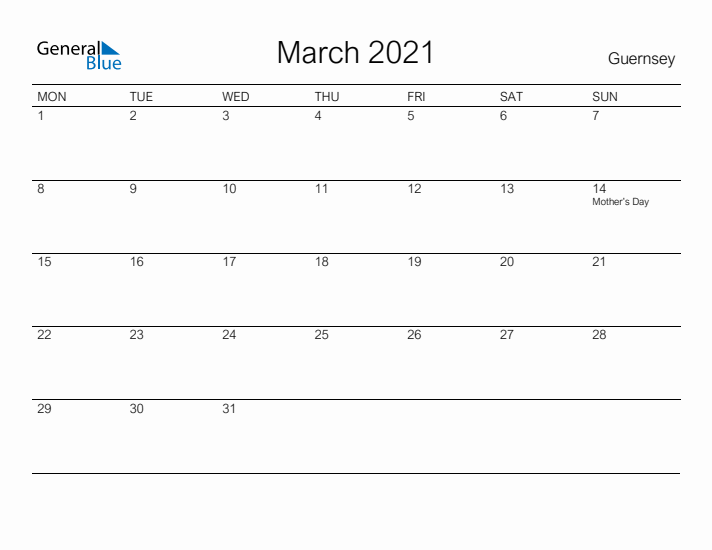 Printable March 2021 Calendar for Guernsey
