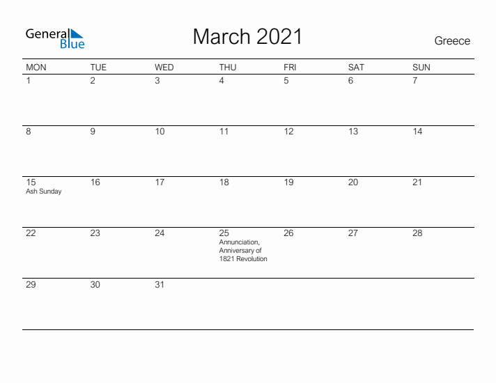Printable March 2021 Calendar for Greece