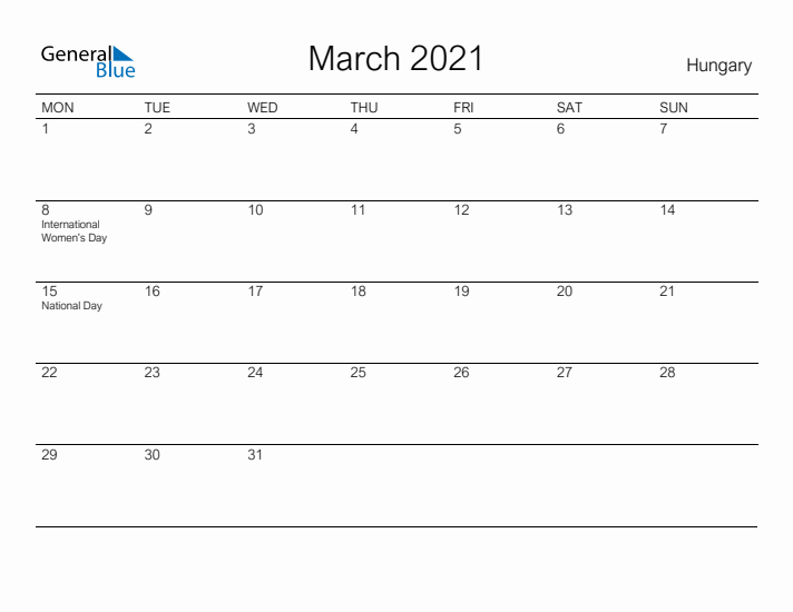 Printable March 2021 Calendar for Hungary