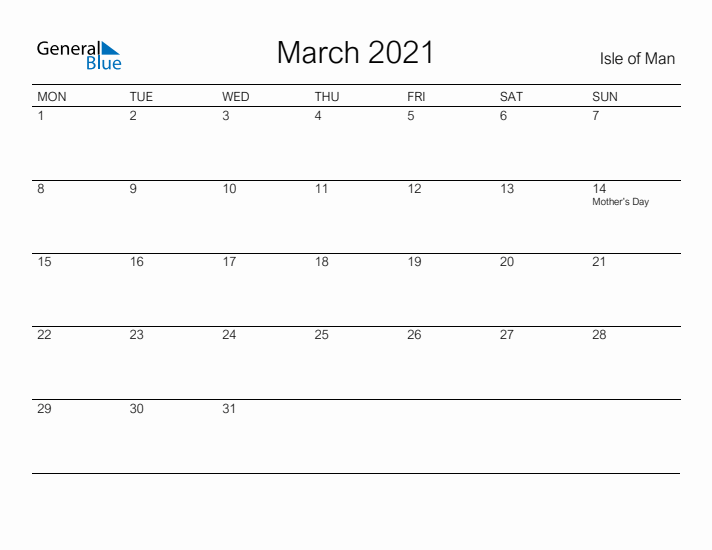 Printable March 2021 Calendar for Isle of Man
