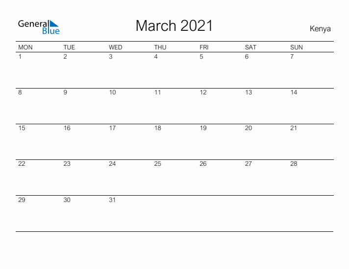 Printable March 2021 Calendar for Kenya