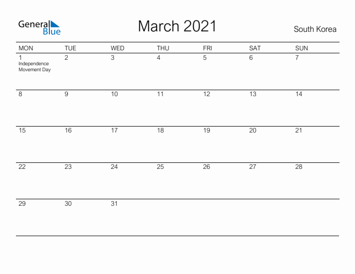 Printable March 2021 Calendar for South Korea