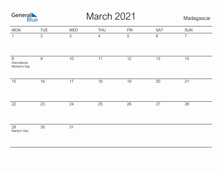 Printable March 2021 Calendar for Madagascar