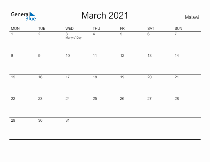 Printable March 2021 Calendar for Malawi