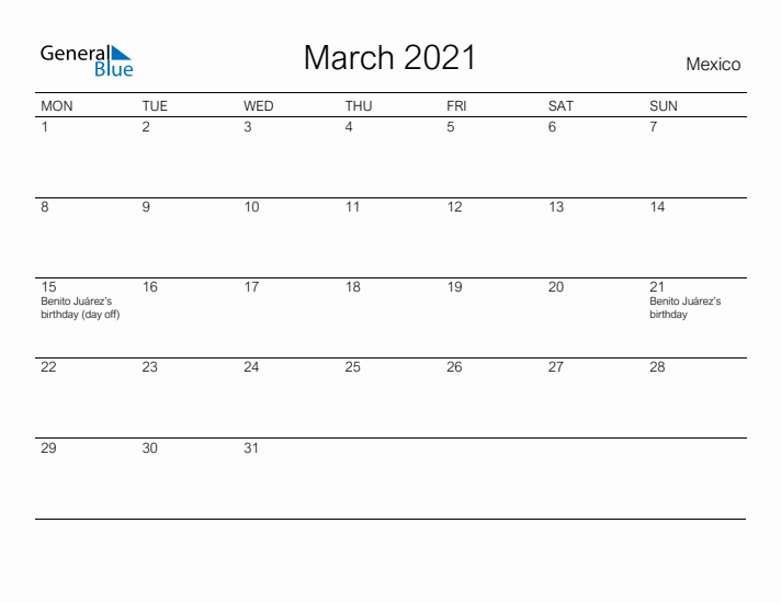 Printable March 2021 Calendar for Mexico