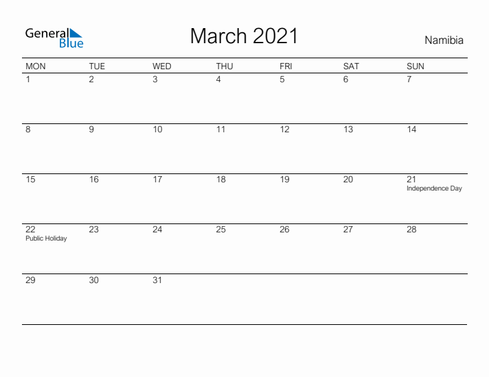Printable March 2021 Calendar for Namibia