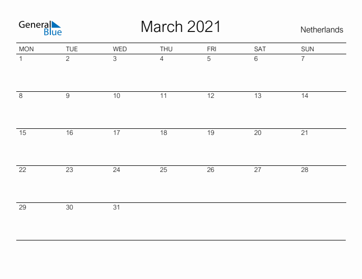 Printable March 2021 Calendar for The Netherlands