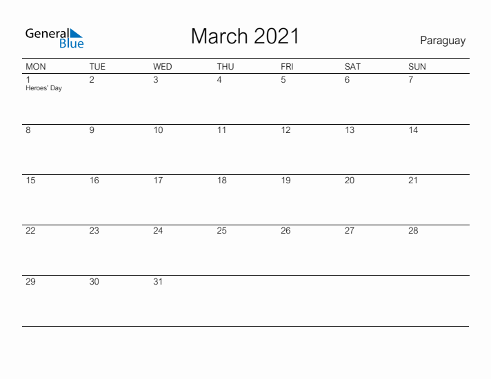 Printable March 2021 Calendar for Paraguay
