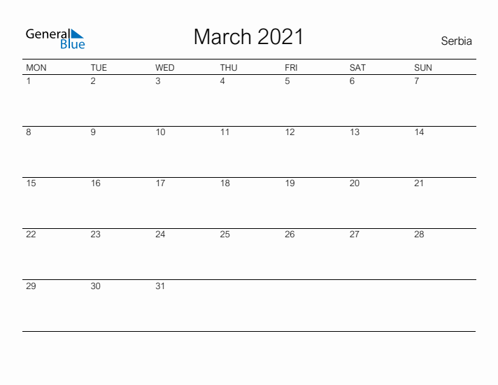 Printable March 2021 Calendar for Serbia
