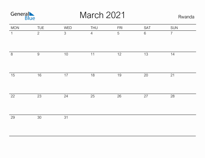 Printable March 2021 Calendar for Rwanda