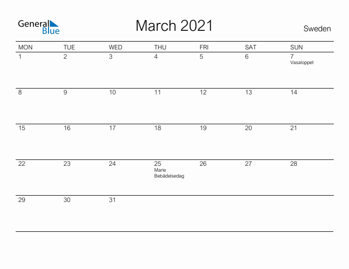 Printable March 2021 Calendar for Sweden