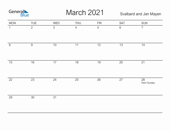 Printable March 2021 Calendar for Svalbard and Jan Mayen