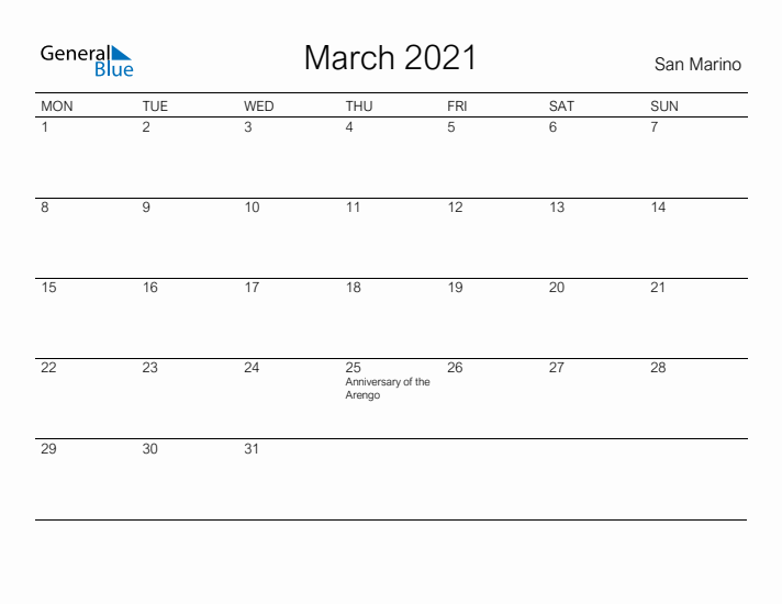 Printable March 2021 Calendar for San Marino