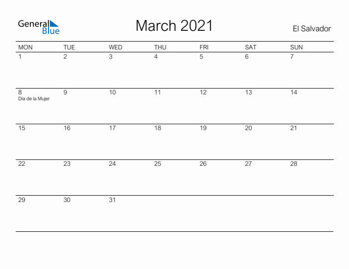 Printable March 2021 Calendar for El Salvador
