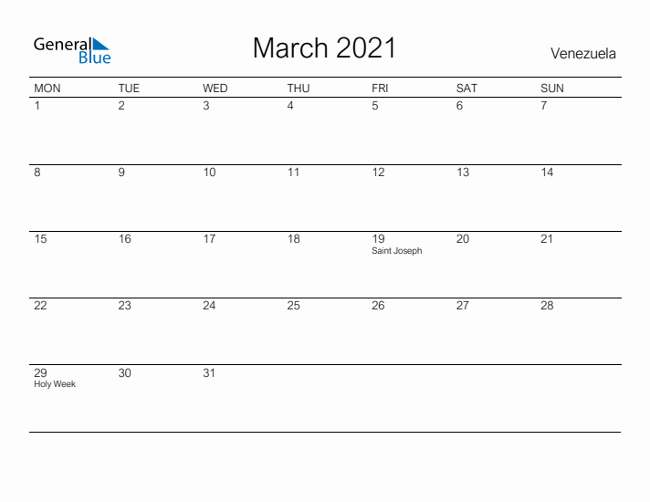 Printable March 2021 Calendar for Venezuela