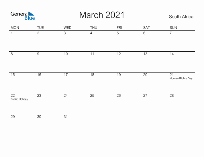 Printable March 2021 Calendar for South Africa