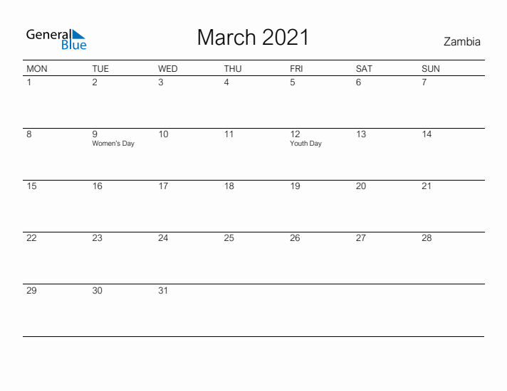 Printable March 2021 Calendar for Zambia