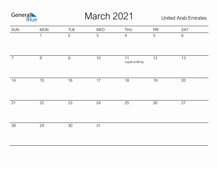 Printable March 2021 Calendar for United Arab Emirates