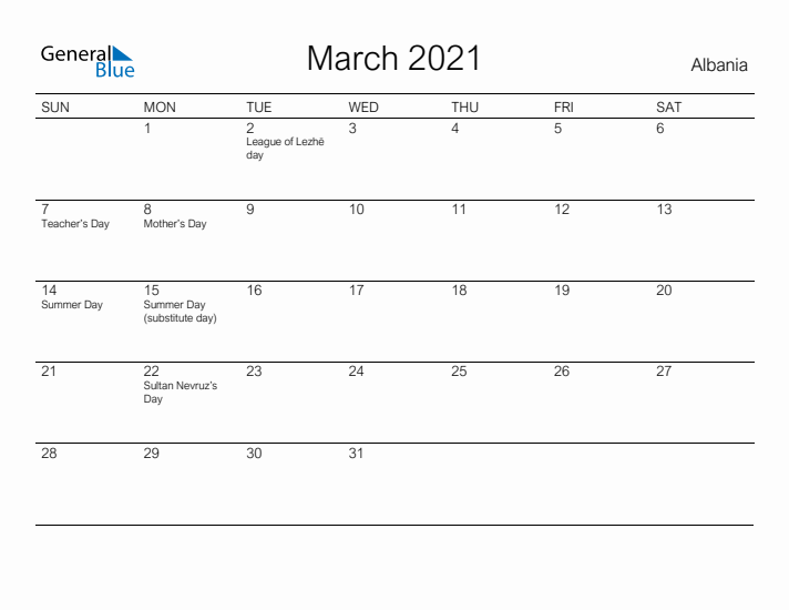 Printable March 2021 Calendar for Albania